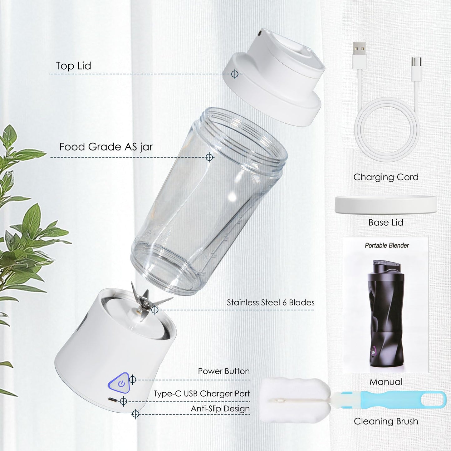 Personal Blender Wireless 24oz Cordless Mini 360 Watt Portable Blender-for Smoothies Freshly Squeezed Juices 6000mAh Self Cleaning and BPA Free Portable Juicer with 6 Sharp Blade Pearl White