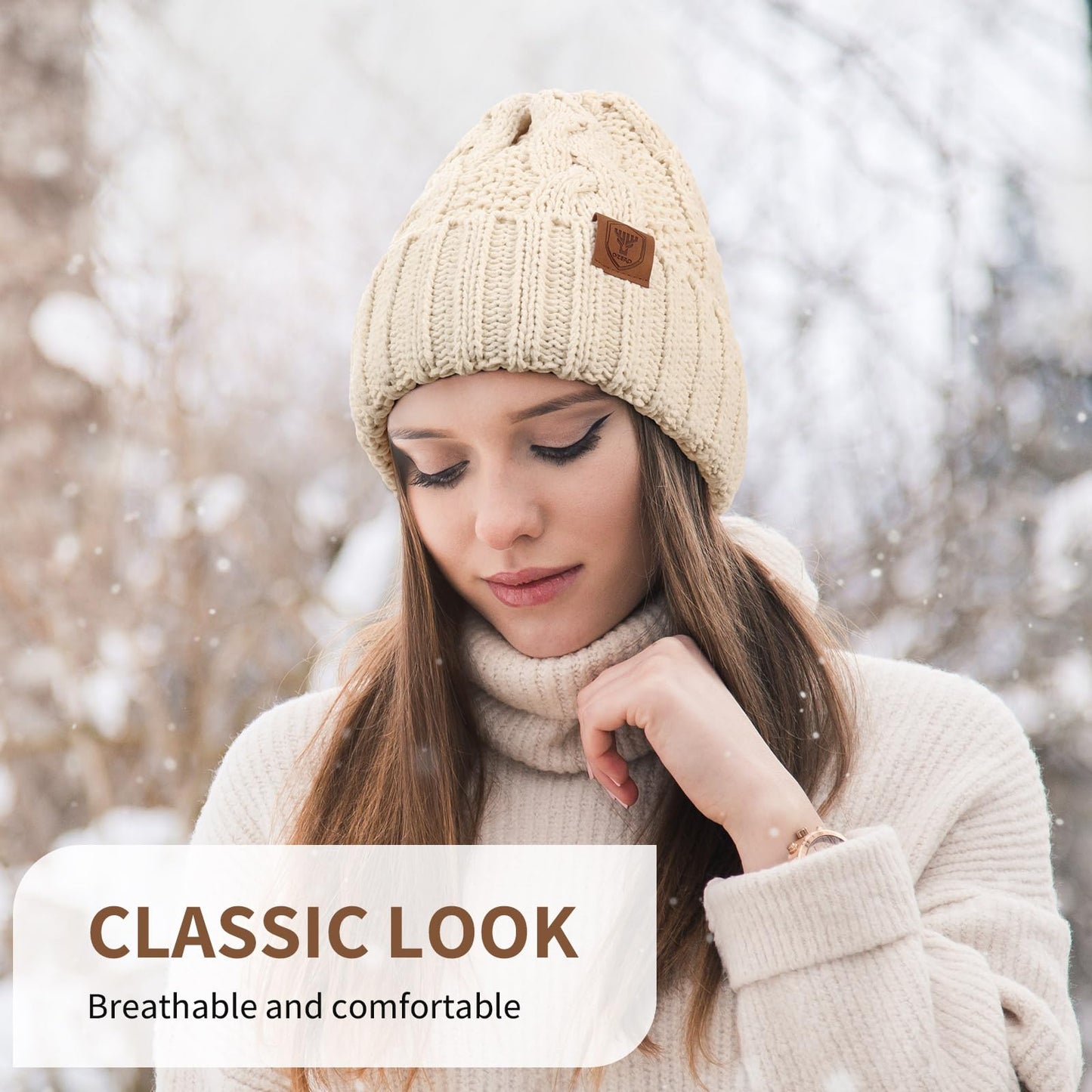 OZERO Womens Hats Winter, Knit Polar Fleece Lined Warm Slouchy Beanie Hats for Women-Beige