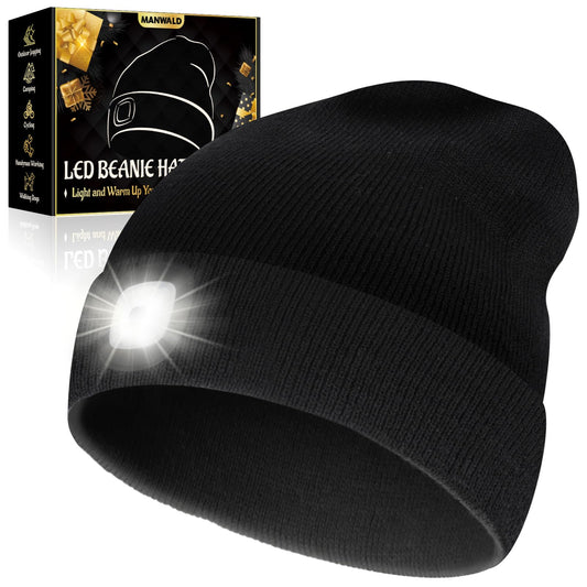 MANWALD LED Beanie Hat with Light,USB Rechargeable LED Headlamp, Gifts for Men, Christmas Stocking Stuffers Gifts for Men Him Husband, Black