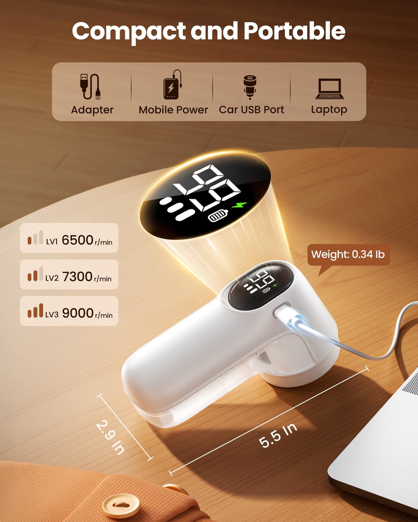 Gaiatop Rechargeable Fabric Shaver, 3-Speeds Electric Lint Remover Shaver with LED Display, 6 Leaf Blade, Sweater Depiller for Clothes, Furniture, Couch, Pills, Fuzz, Balls, White