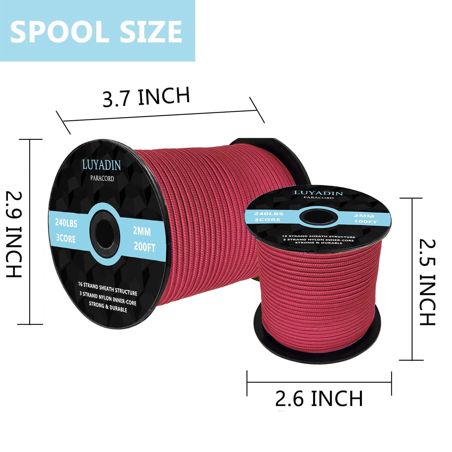 LUYADIN Paracord 240lb - Diameter 2mm Micro Utility Cord -3 Strand Parachute Spool Cord - 100ft 200ft,Paracord for Camping,Hiking,Fishing,Outdoor and DIY
