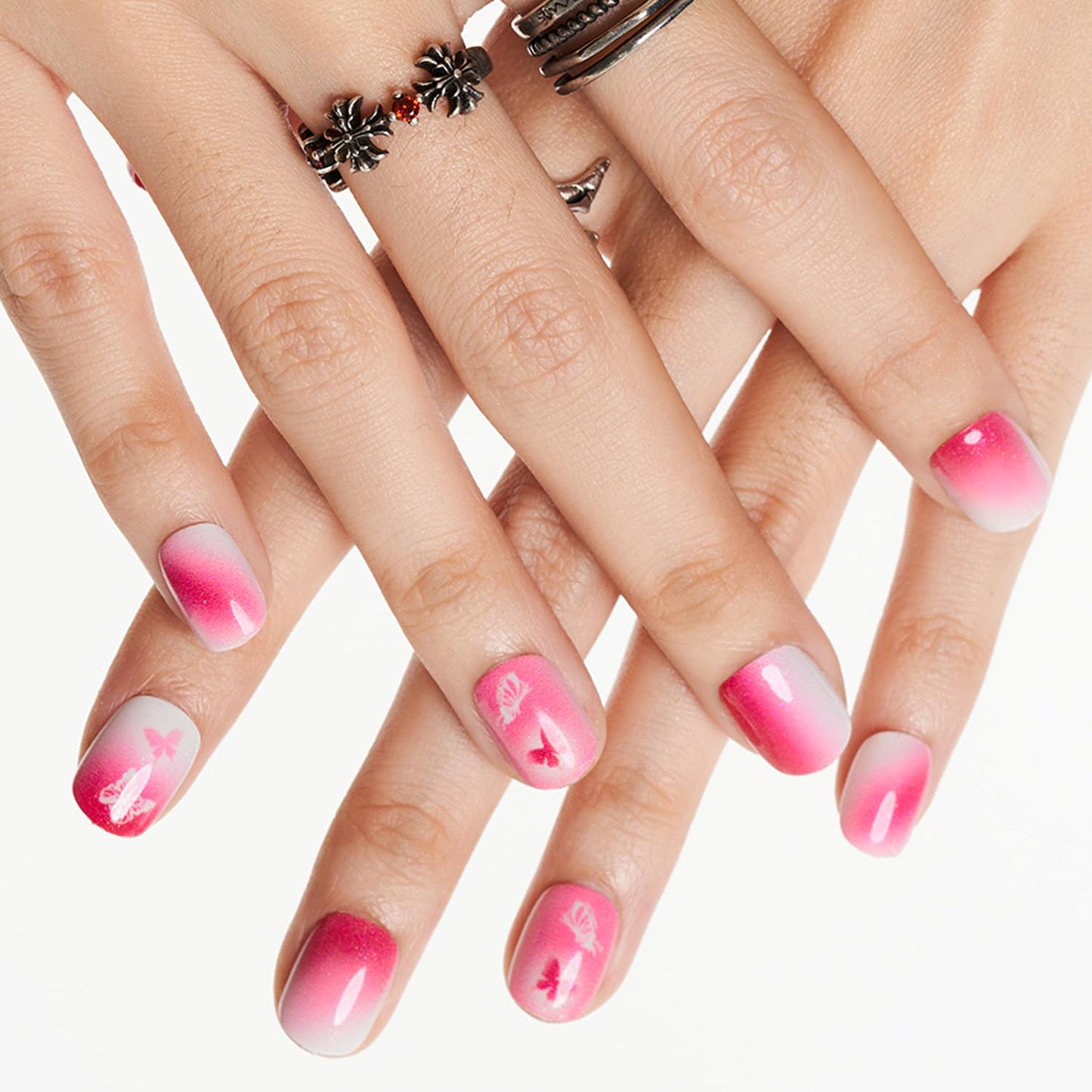 GLAMERMAID Hot Pink Ombre Extra Short Press on Nails, Y2K Butterfly Fake Nails Short Squoval, Natural Round Square Glue on Nails Glossy Gel, Acrylic False Nails Manicure Kits for Women, Reusable Nails