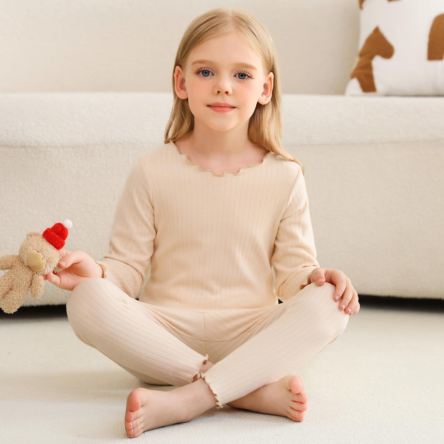 Deuerr Girls Thermal Underwear Set Girls' Ruffle Trim Fall Base Layer Apparel Set Winter Top and Long pants Apricot for 4-5Y