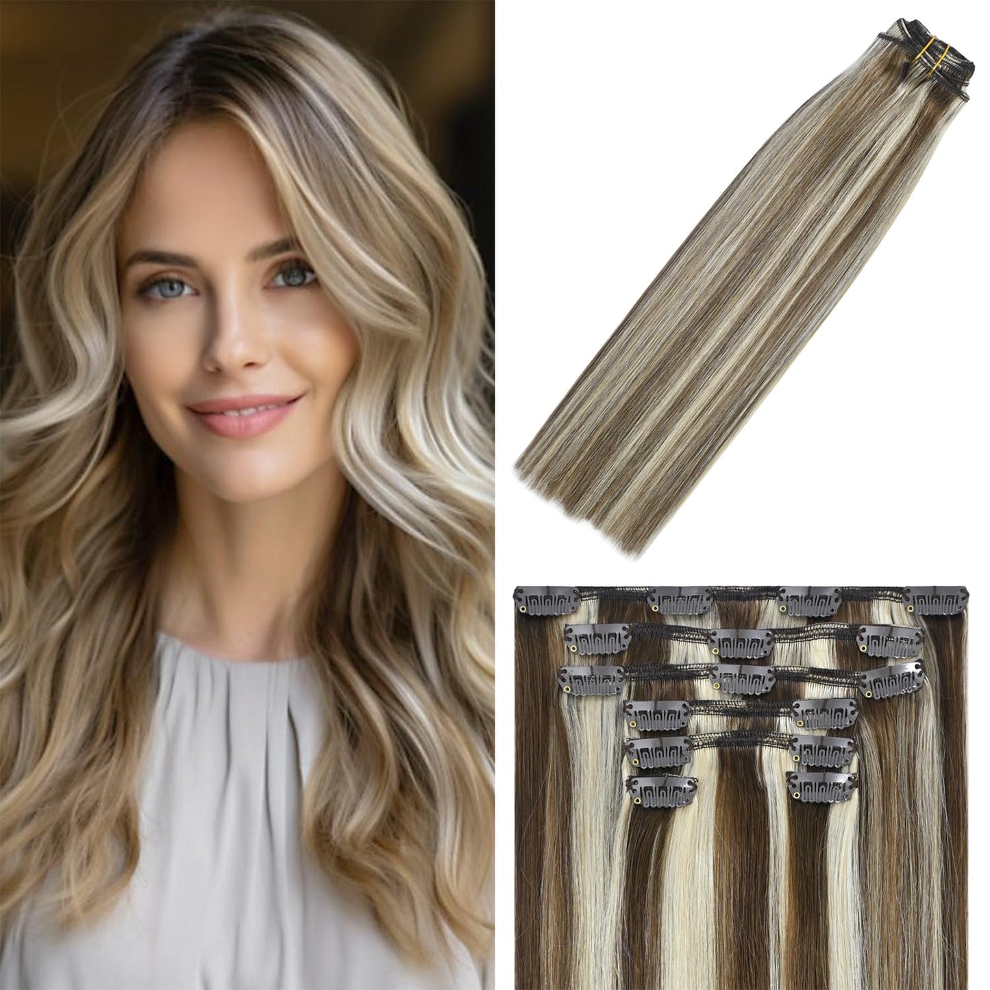 WindTouch Clip in Hair Extensions Remy Human Hair 12 Inch 75g 7PCS #4P613 Clip in Hair Extensions Medium Brown to Blonde Highlights
