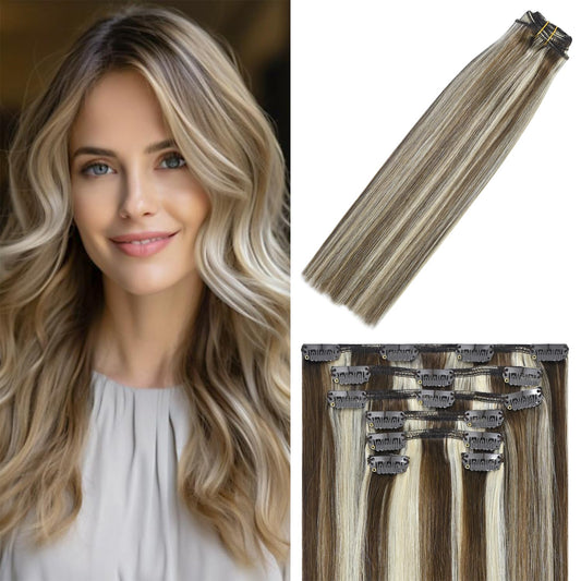 WindTouch Clip in Hair Extensions Remy Human Hair 12 Inch 75g 7PCS #4P613 Clip in Hair Extensions Medium Brown to Blonde Highlights