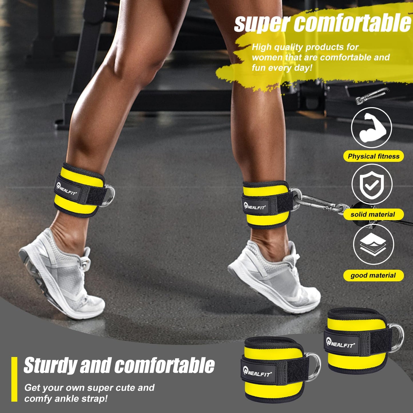 NEALFIT Ankle Strap for Cable Machine, Gym Ankle Cuff for Kickbacks, Leg Extensions, Glute Workouts, Booty Hip Abductors Exercise for Women and Men (Pair, Yellow)