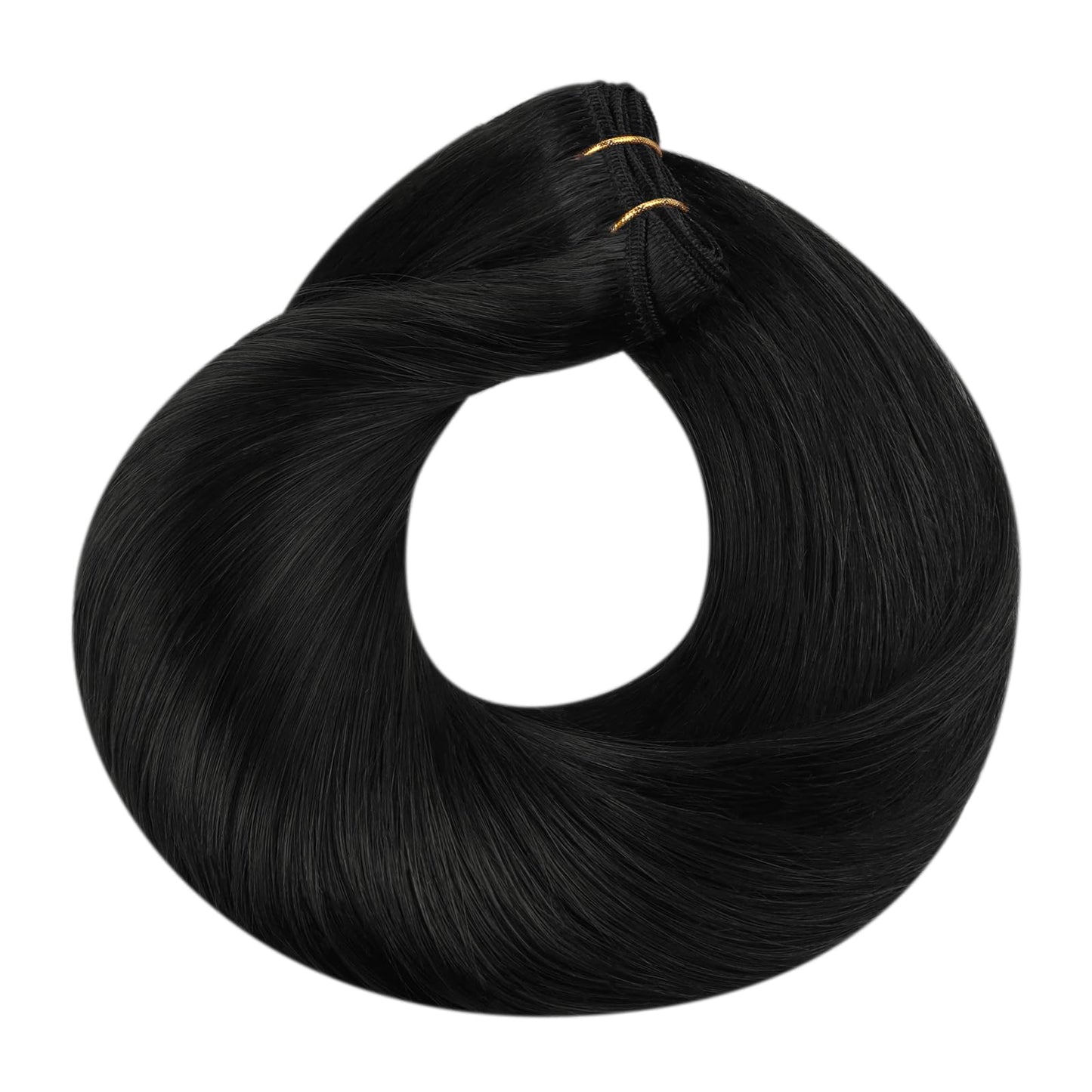 HOTBANANA Sew in Real Human Hair Extensions, 16inch 80g Weft Jet Black Straight Remy Hair Weft Full Head