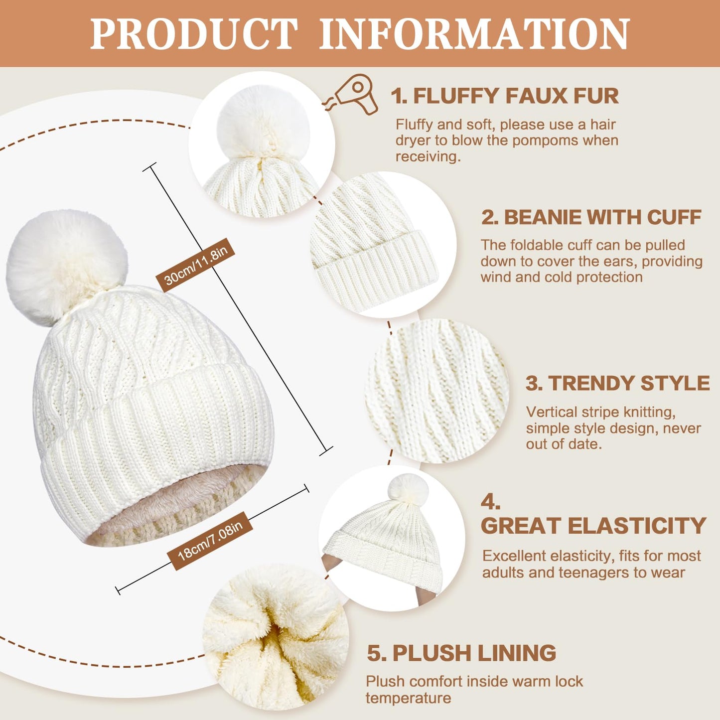 Pink Winter Knit Beanie Hat Scarf Gloves Set for Women, Fleece Lined Chunky Beanie Hats with Pom Pom Neck Warm Scarf Touchscreen Gloves 3 in 1 Set