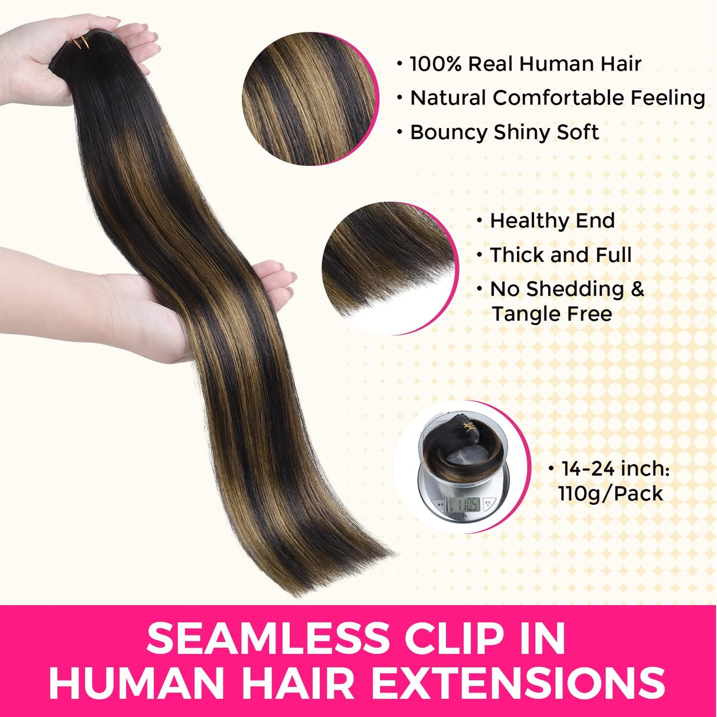 Lashey Clip in Hair Extensions Human Hair Light Yaki Seamless Clip in Hair Extensions Natural Black Mixed Chestnut Brown 16 Inch 7pcs 110g Clip in Hair Extensions Human Hair for Black Women