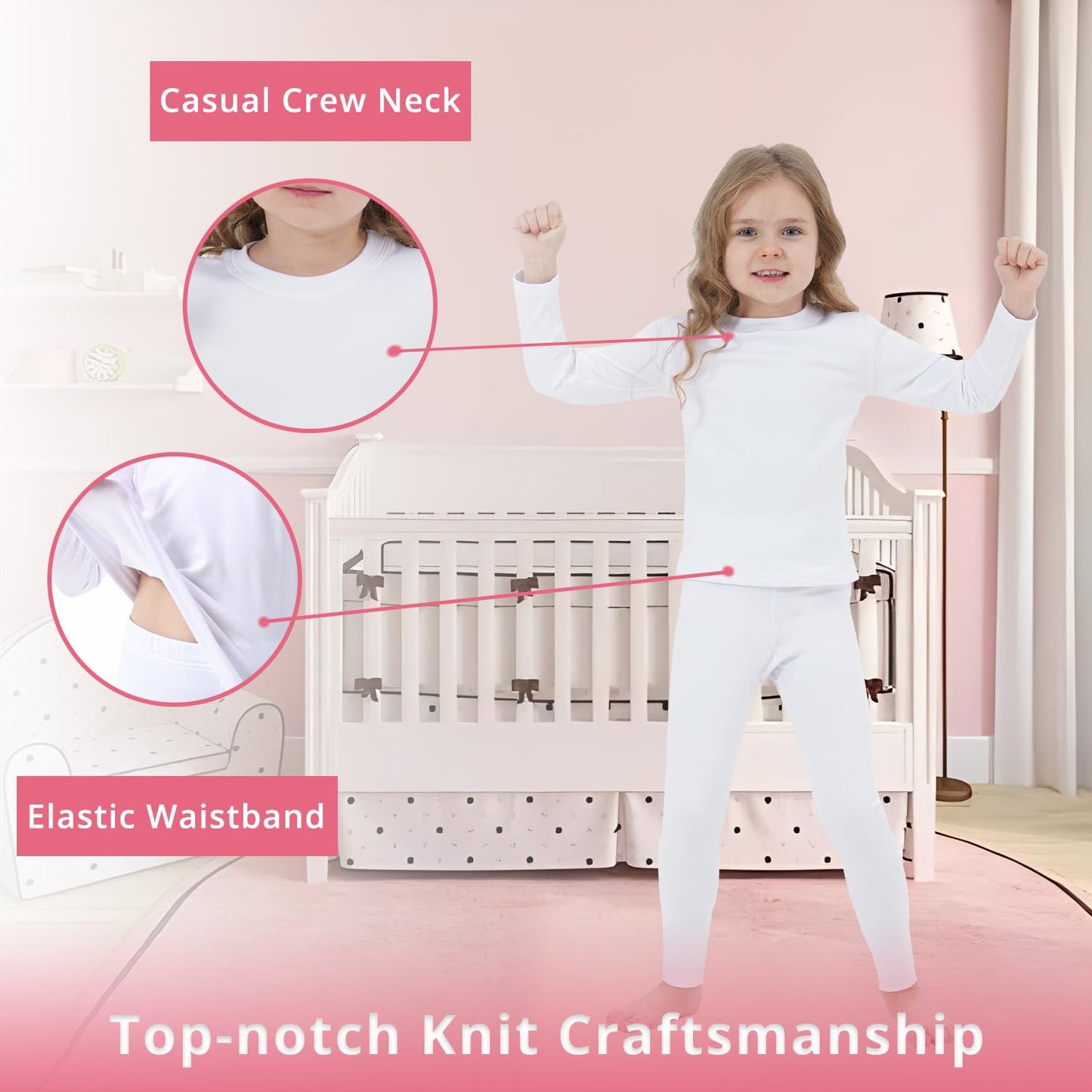 PISIQI Girls Thermal Underwear Set Ultra Soft Long Underwear for Kids Fleece Lined Winter Warm Base Layer Kids Long Johns Set White