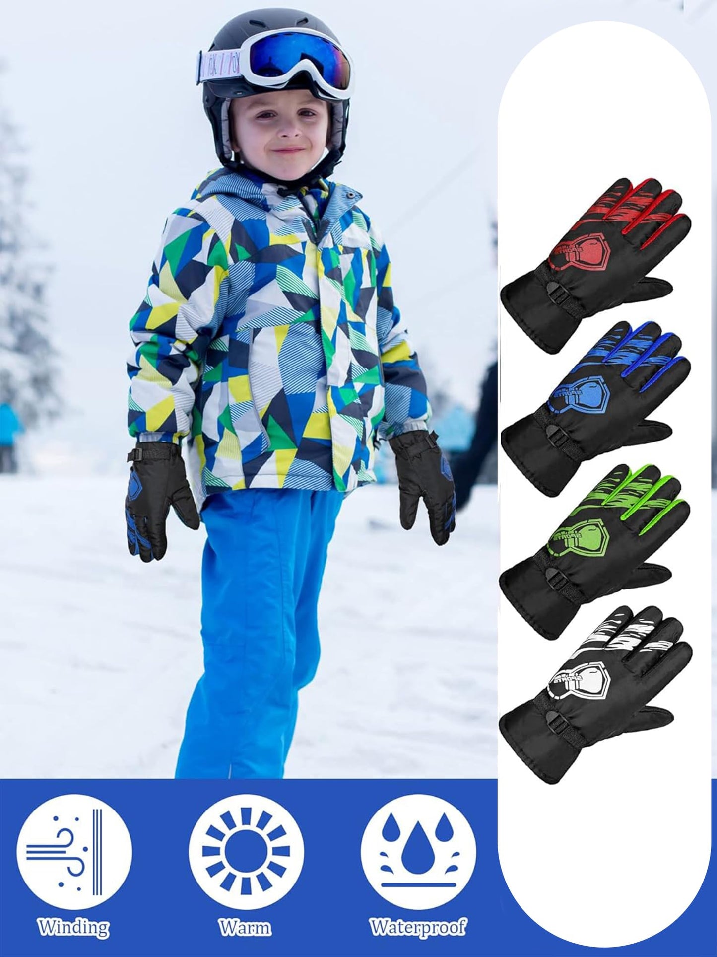 Yaomiao 4 Pairs Kids Winter Long Gloves Waterproof Children Long Cuff Snow Mittens Gloves Windproof Ski Gloves for Outdoor (Red, Green, Blue, White,6-10 Years)