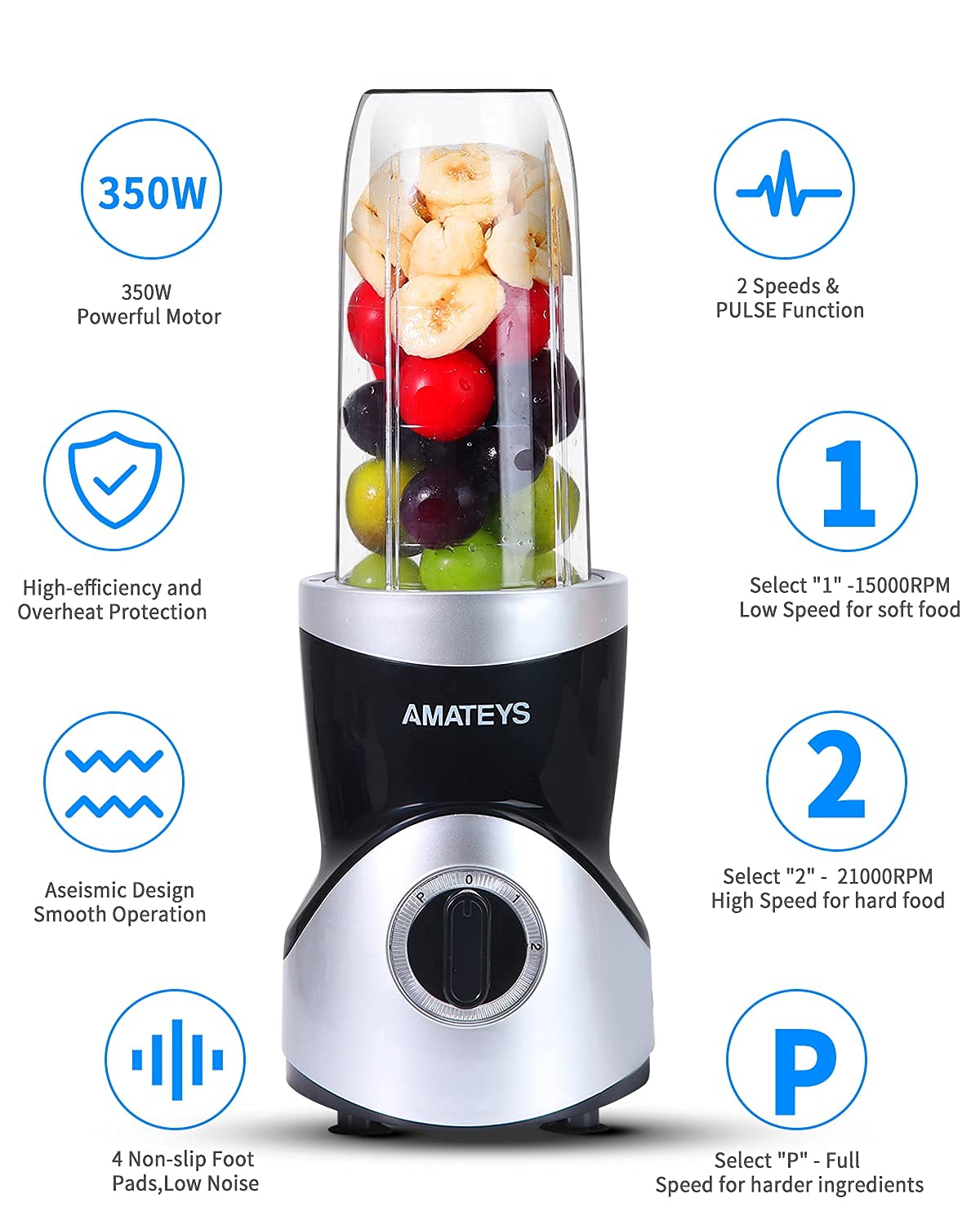 Amateys Personal Blender for Shakes and Smoothies,Professional Kitchenblender with Blending & Grinding Blades, Portable Coffee Grinder with 24/10 OZ Travel Bottles, Adjustable Speeds Juice Blender