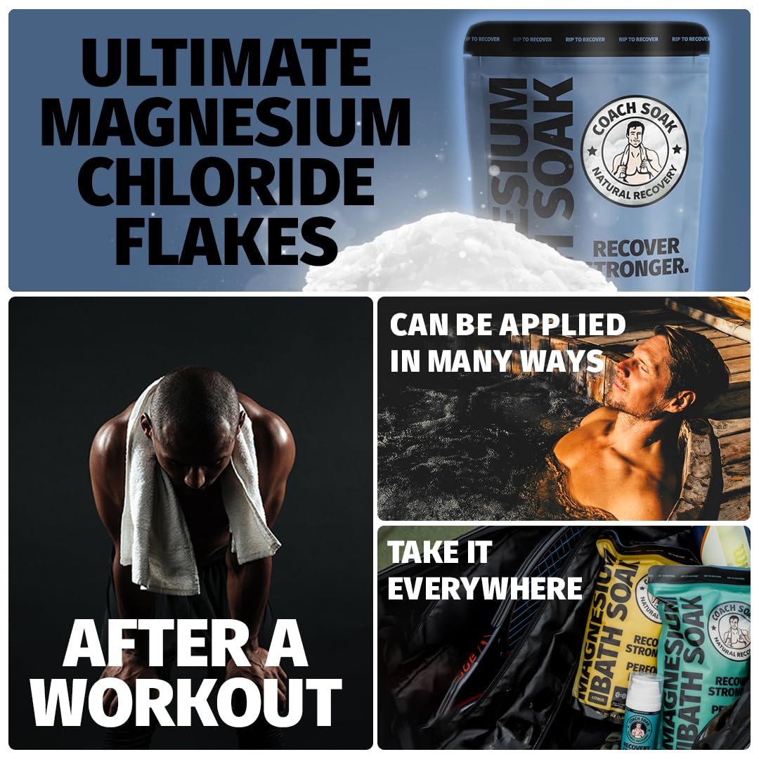 Coach Soak Recovery Bath Soak - Faster Absorption Than Epsom Salt for Pain - Rejuvenating Magnesium Flakes with 21 Minerals, Essential Oils & Bath Salts, 3lbs (Unscented)