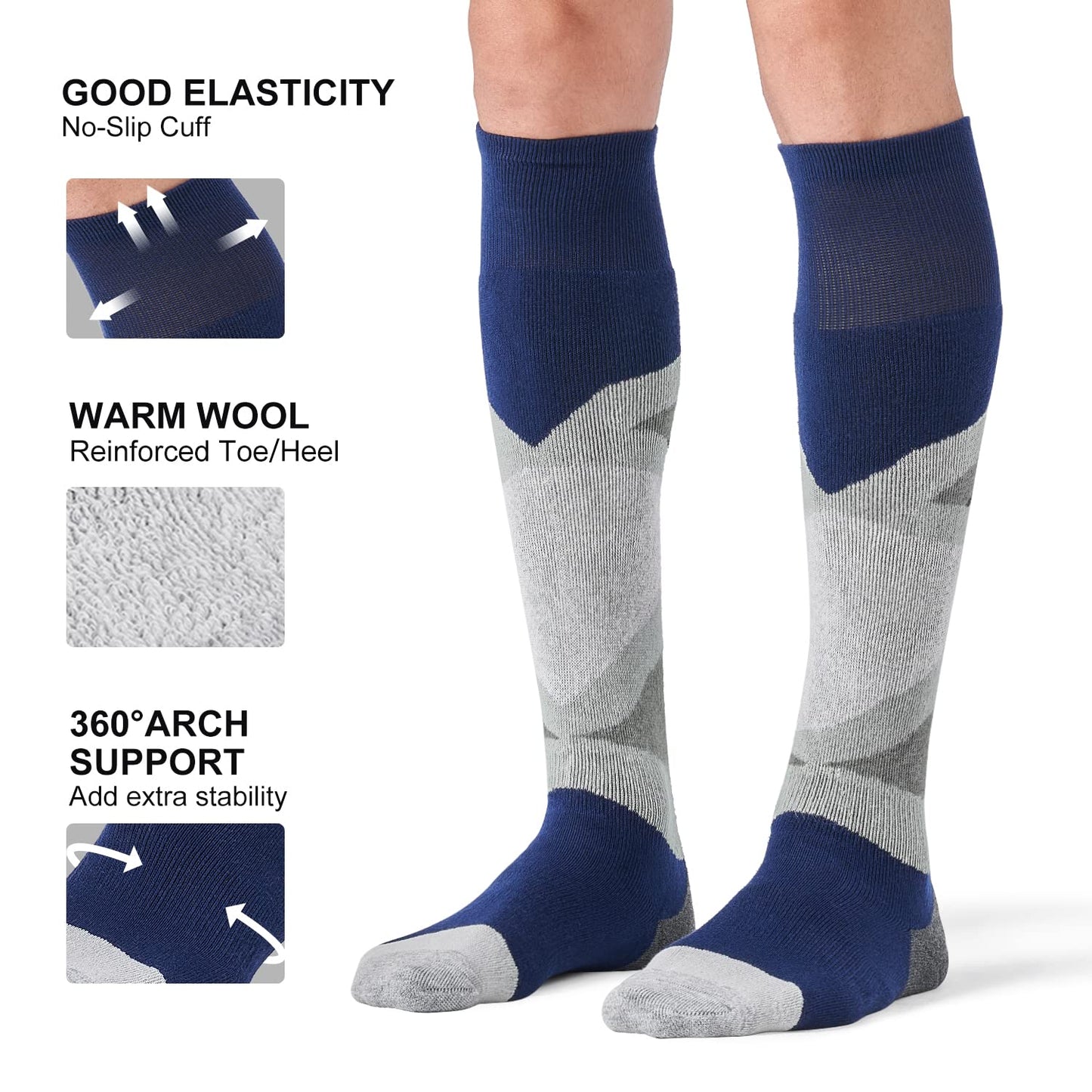 CS CELERSPORT 2 Pack Merino Wool Ski Socks with Full Cushion, Winter Warm Thermal Socks for Skiing Snowboarding, Navy Blue+Light Grey, Large