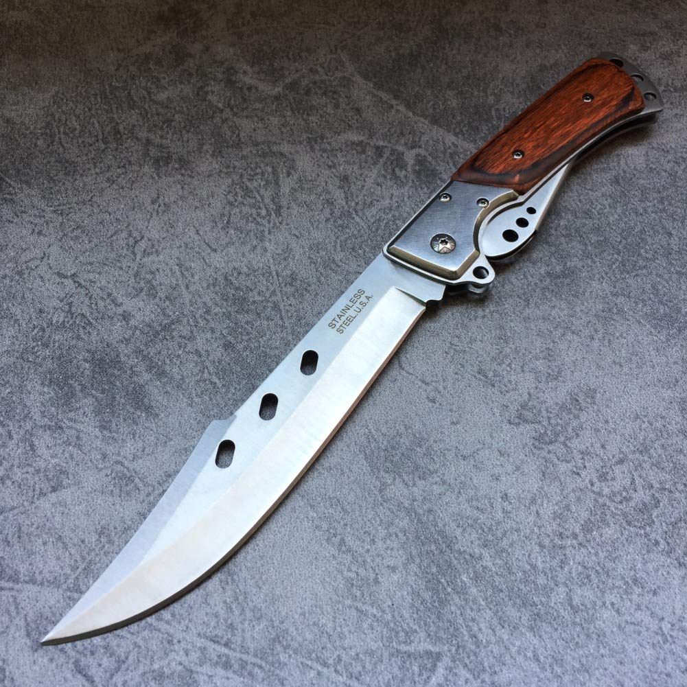 XHM Awesome Folding Knife Large 10.8-inch, Pocket Knives for Men, Hunting, Camping, Fishing, Survival, Hiking, Self Defense, Wood Handle (with Nylon Sheath)