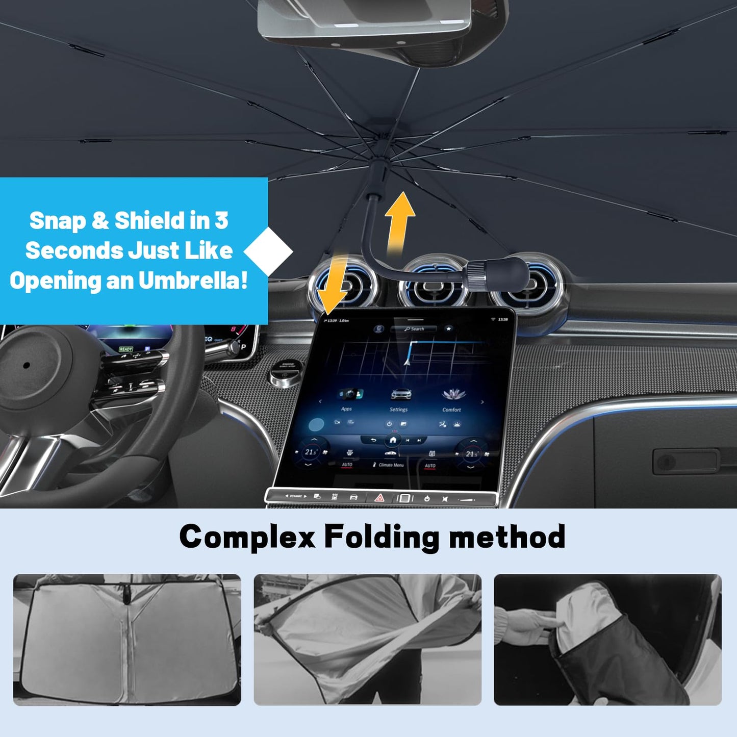 SONOMO Car Windshield Sun Shade Umbrella, UV Protection & Heat Insulation, 210T Foldable Sun Shield for Cars, Trucks, SUVs – 57"x33" Front Window Cover