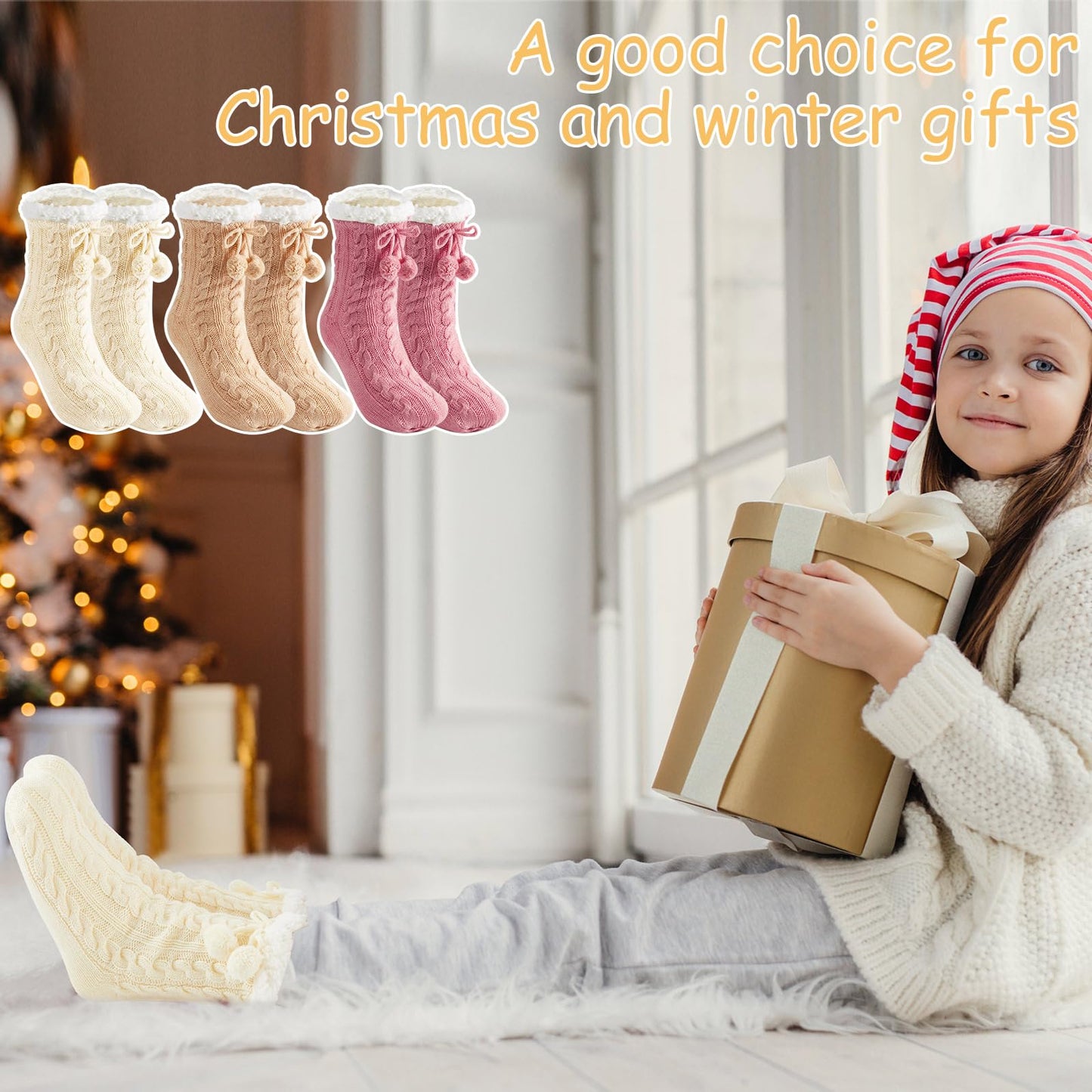 Foaincore 3 Pair Kids Slipper Socks with Gift Bag Girls Boys Fuzzy Socks Non Slip Winter Fluffy Socks Warm Socks with Grips(Warm Color,8-12 Years Old)