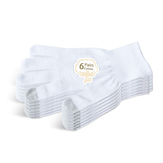 Evridwear Unisex Moisturizing Cotton Gloves with Touchscreen Fingertips for Eczema Beauty Cosmetic Dry Hands Sensitive Irritated Skin Therapy Overnight Bedtime, 6 Pairs, Lightweight-White, XS
