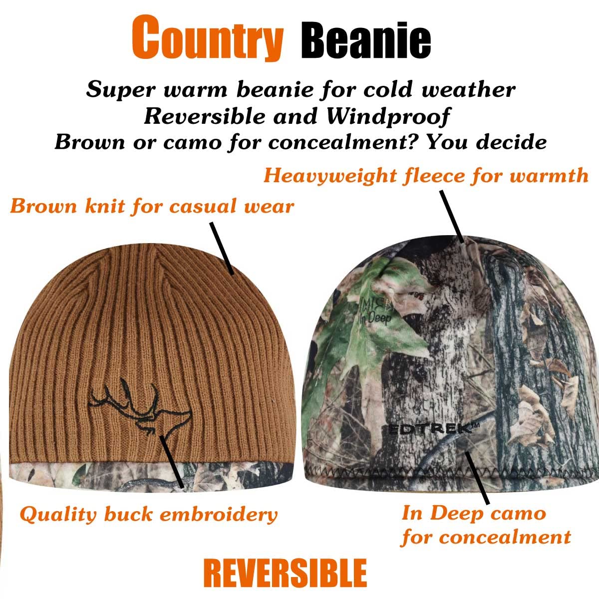 EDTREK Country Reversible Fleece Beanie - Windproof and Warm Winter Hat for Cold Weather (Brown with in Deep Camo, Large)