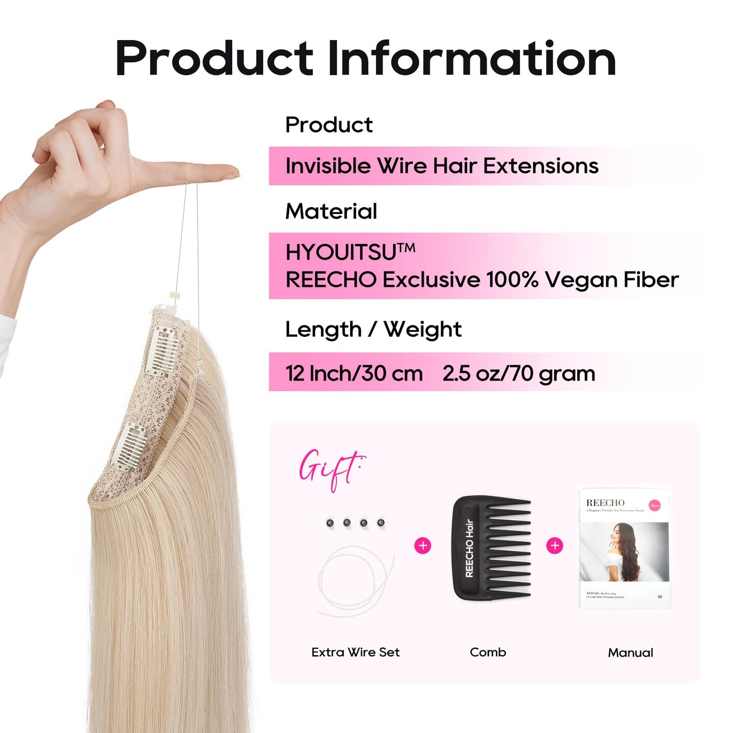 REECHO Invisible Wire Hair Extensions with Thinner Softer Lace Weft 12" Short Straight Clips in Secret Hairpiece for Women 12 Inch (Pack of 1) - Light Blonde