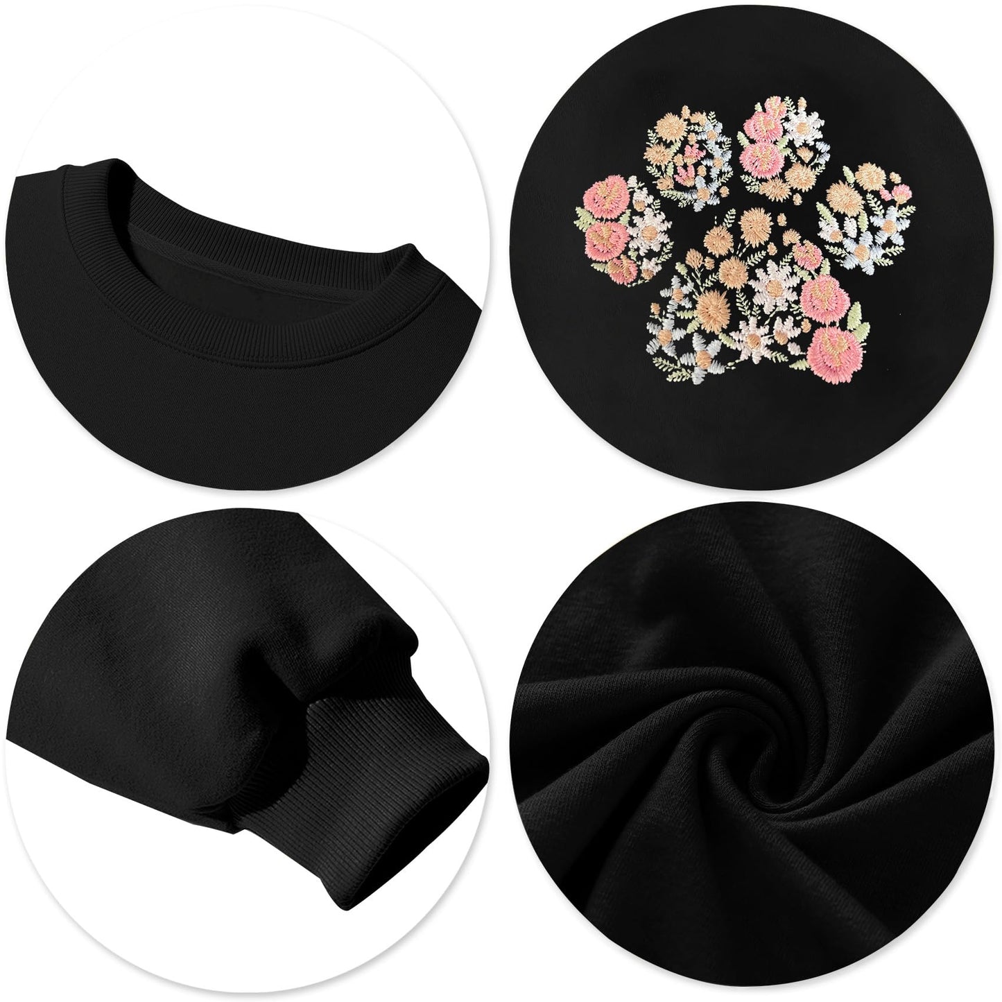 HQP Dog Mom Sweatshirts for Women Floral Paw Print Embroidered Sweatshirt Gift for Dog Mom Pullover Tops Black