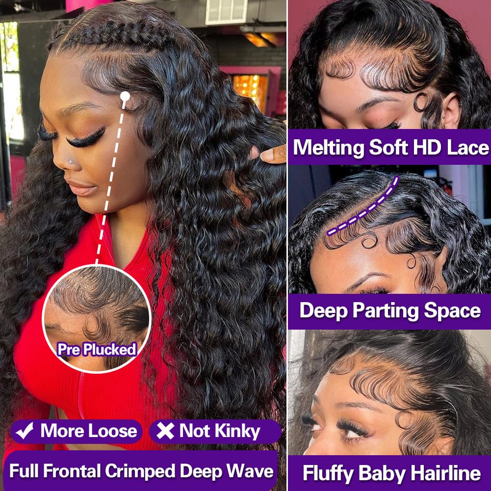 LRV Deep Wave Lace Front Wigs Human Hair Pre Plucked, 13x4 HD Lace Front Wet And Wavy Frontal Human Hair Deep Wave Wig For Women Glueless, 180 Density 20 Inch, Pre Plucked