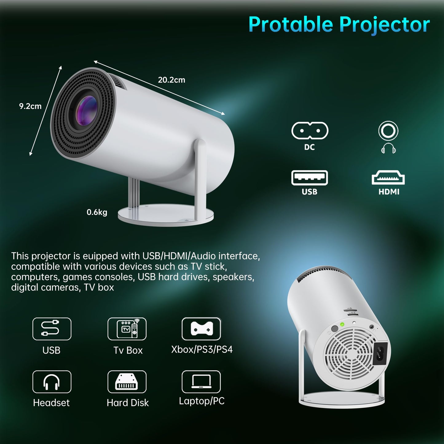 HY300 Android Mini Projector with WiFi and Bluetooth, 180° Flip Portable Home Movie Video Projector, 4K/1080P Support 5G Wireless Streaming for Phone, TV Stick, PC, XBOX, PS5, Smart Devices