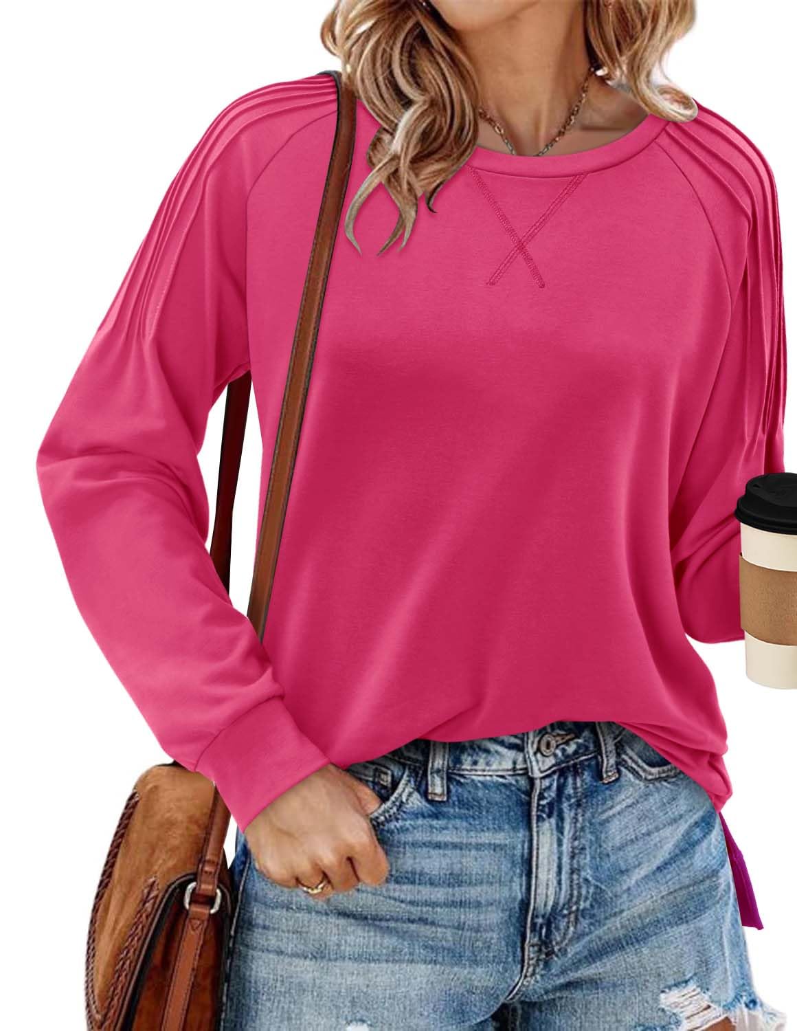 BETTE BOUTIK Plain Tunic Women Ruffle Sweatshirt Plain Basic Crewneck Sweatshirt Long Sleeve Tunic with Slits on Sides Sweatshirt Tunics for Women Rose X-Large