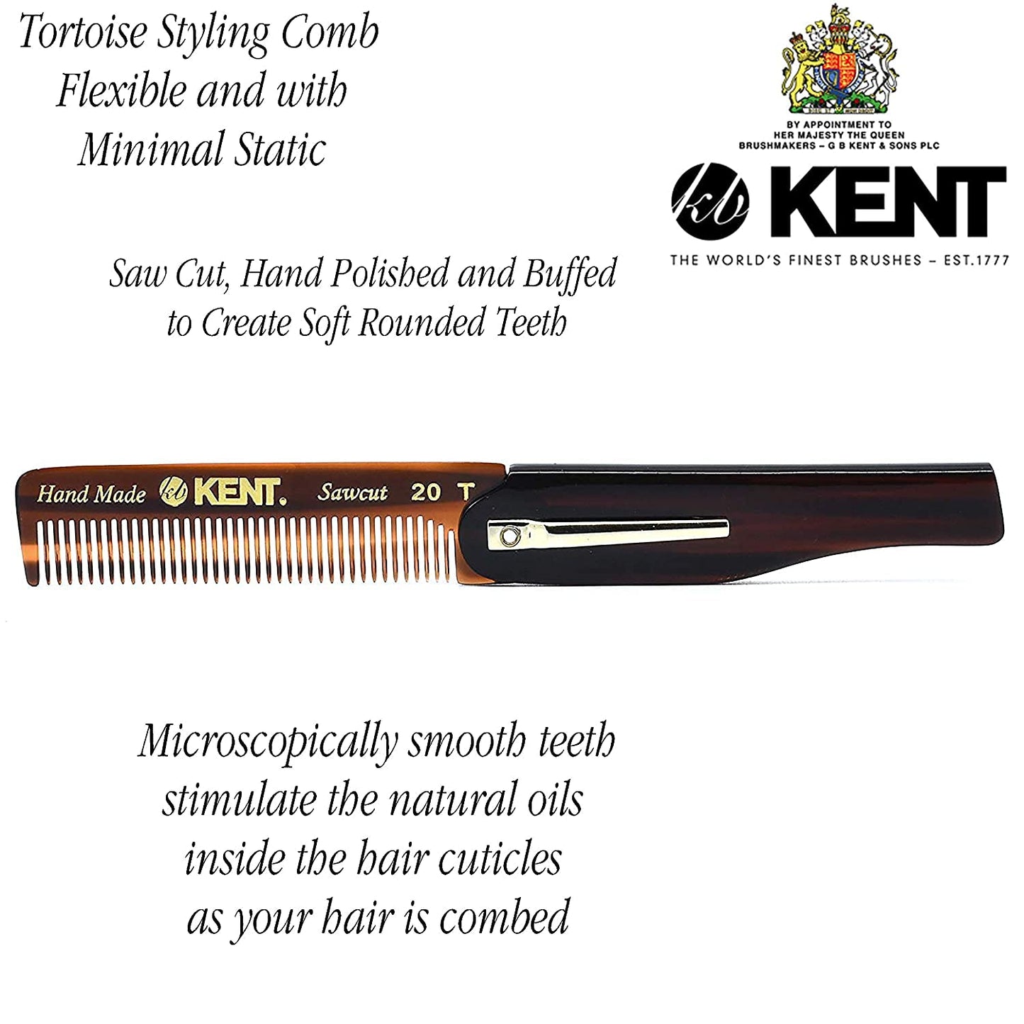 Kent 20T Handmade Folding Pocket Comb for Men, Fine Tooth Hair Comb Straightener for Everyday Grooming Styling Hair, Beard or Mustache, Use Dry or with Balms, Saw Cut Hand Polished, Made in England