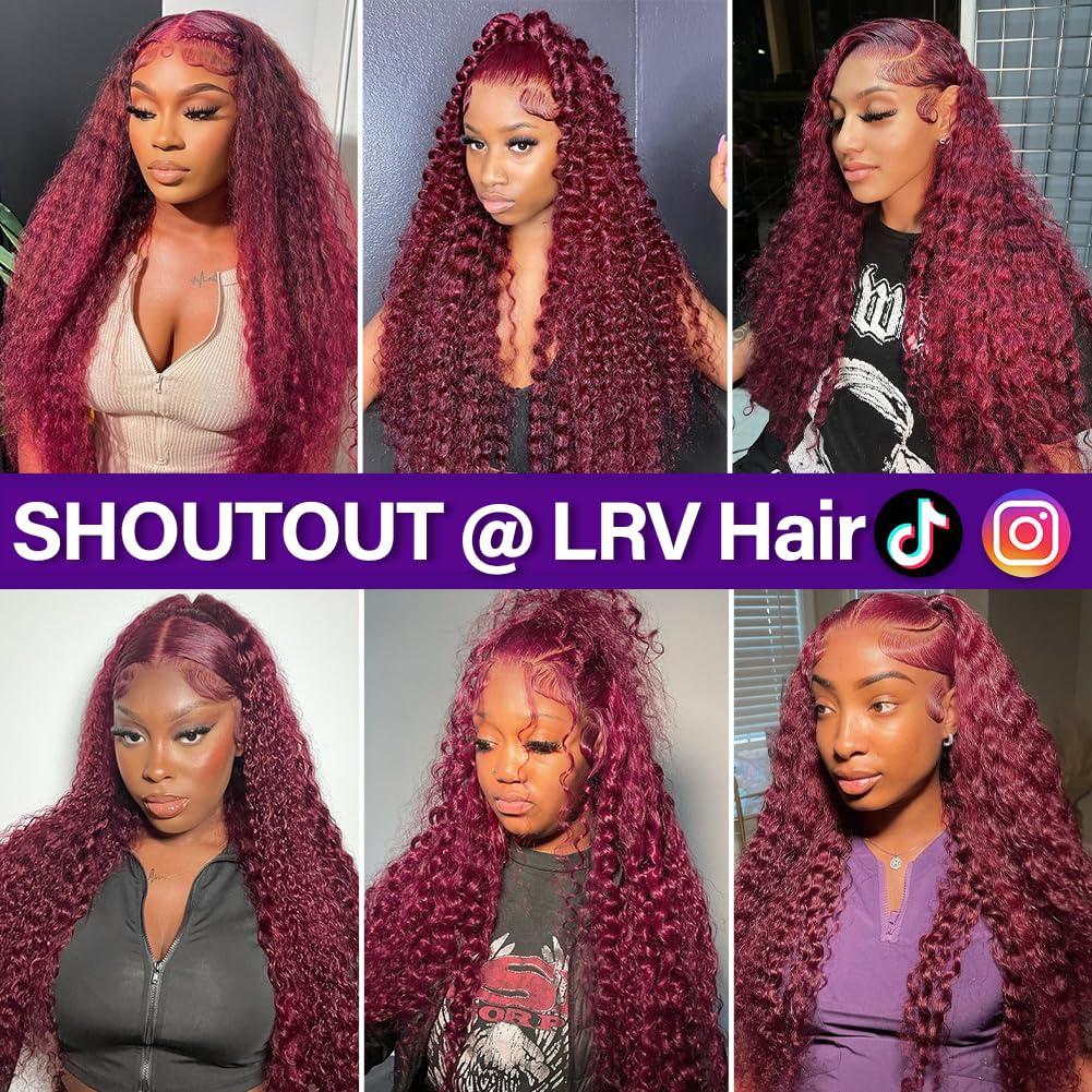 LRV 20 Inch Burgundy Lace Front Wigs Human Hair 13x4 HD Frontal Red Deep Wave Burgundy Human Hair Curly Red Lace Front Wigs for Women Pre Plucked 180 Density