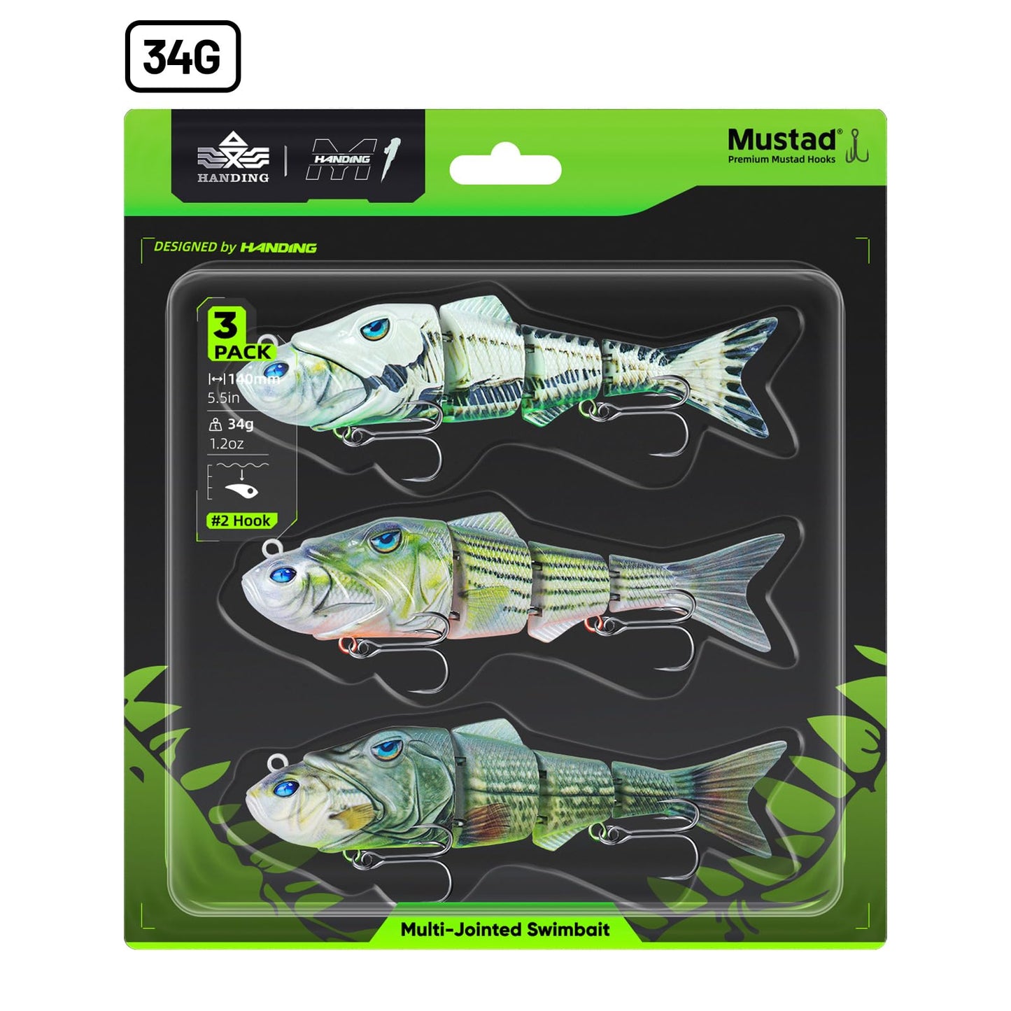 HANDING 3PCS Lifelike Multi-Jointed Swimbait, Bass Fishing Lure for Freshwater and Saltwater, Slow Sinking, Mustad Hook, Angler's Gift, for Pike Largemouth Bass, 1/2oz, 3/4oz and 1 1/4oz