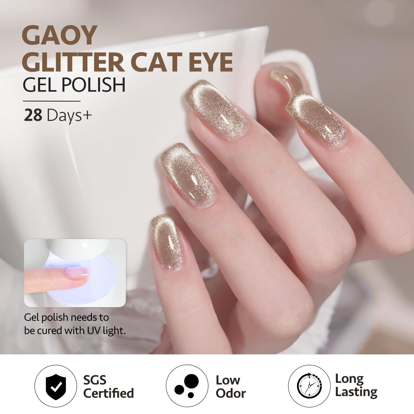 GAOY Champagne Glassy Cat Eye Gel Nail Polish, 16ml Glitter Holographic Nail Polish with Magnet, Reflective Translucent UV Gel, 2157 Fall Elegance