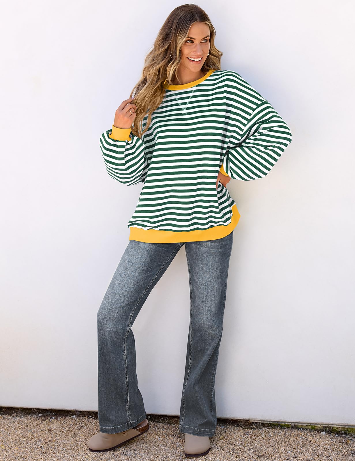 UEU Women Oversized Striped Sweatshirt Color Block Crew Neck Sweatshirt Casual Long Sleeve Pullover Shirt Green X-Large