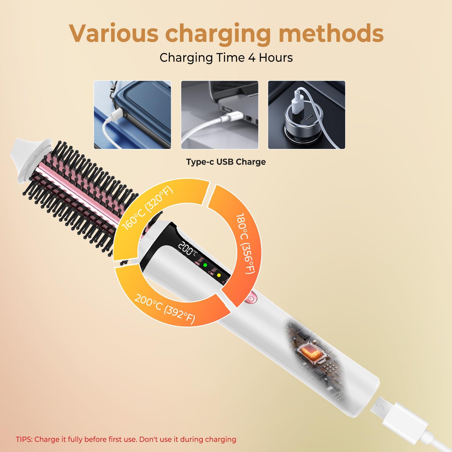 Cordless Curling Brush,4000 mAh USB Cordless Hair Curler with 3 Temp Setting Mini Travel Curling Iron Rechargeable, Ceramic Battery Powered Curling Iron