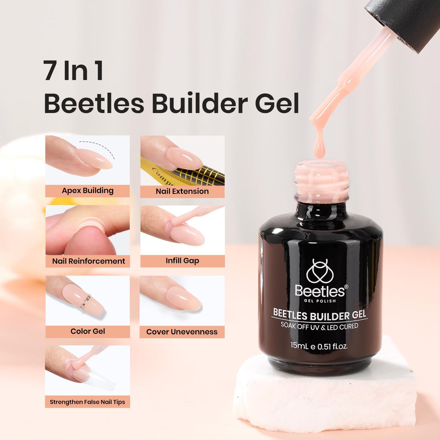 Beetles Builder Gel for Nails, 7 in 1 Nude Pink Builder Strengthener Gel Hard Gel Jelly Gel light pink French Tips Color Building Extension Gel Salon DIY Manicure Nail Art for Women