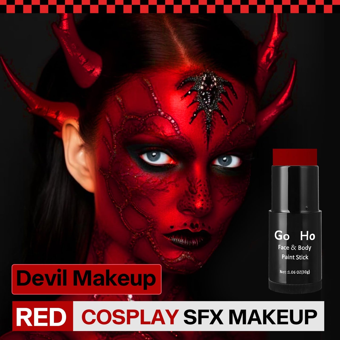 Go Ho Cream-Blendable Red Face Paint Stick (1.06 Oz),Full-coverage Red Body Paint Makeup for Adults Children Halloween Cosplay Clown Devil SFX Makeup,Waterproof Red Makeup Stick