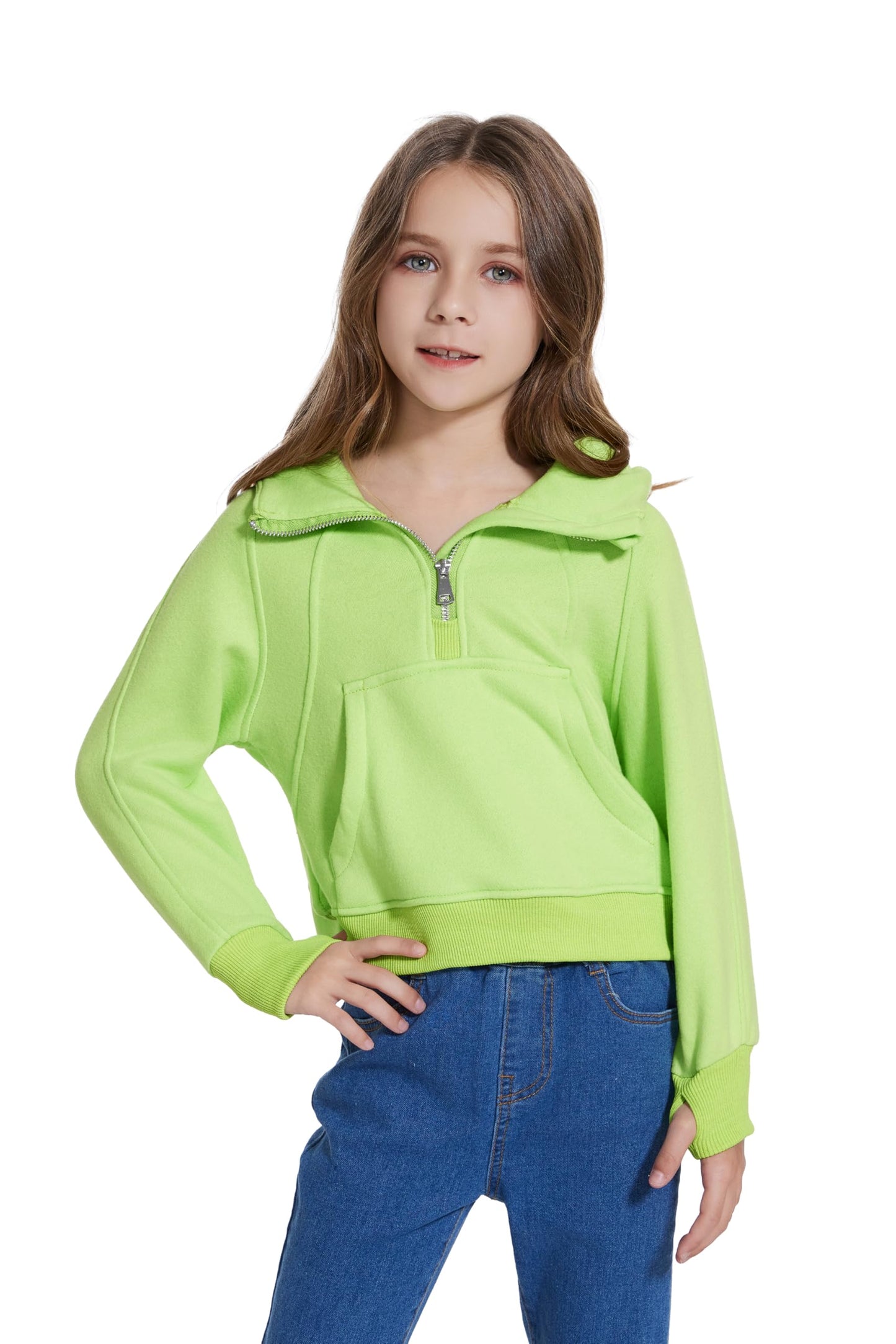 Fdqin Sweatshirt for Kid Half Zip Up Cropped Hoodies for Girls Fleece Pullover Tops Winter Clothes Neon Green 7-8Years