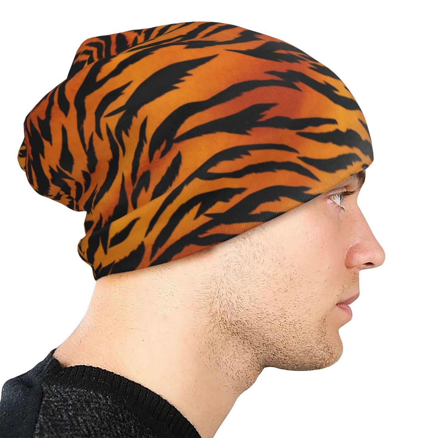 ZUHAOGO Animal Print Tiger Black Gold Skull Beanie Hats Slouchy Winter Warm Chemo Caps Stretch Hip-Hop Skull Cap Beanie Lightweight Sleep Cap Headwear Knit Beanies for Men Women