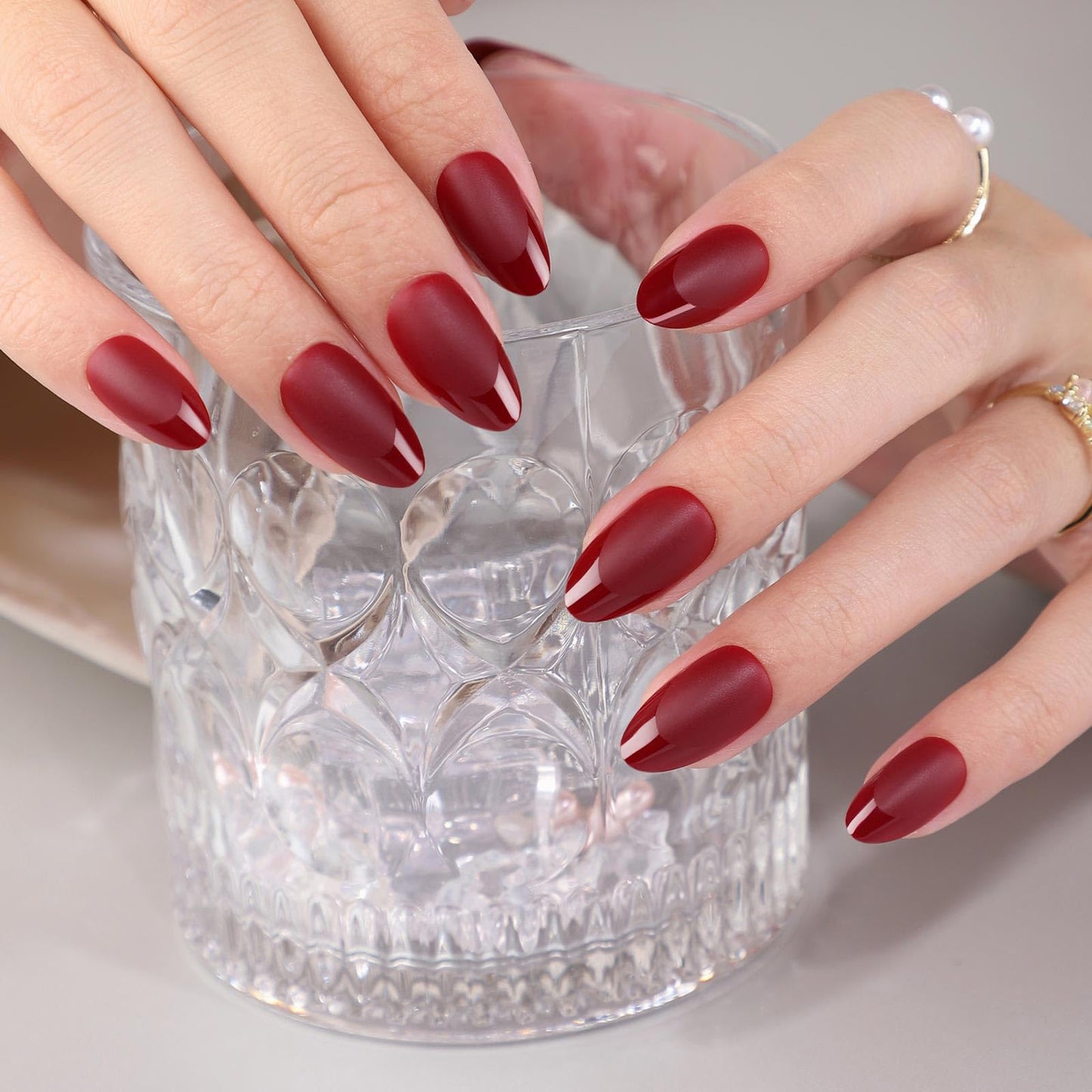 SHANGMENG Matte Red French Tip Press on Nails Almond - Soft Gel Press on Nails Short for Women Gift, Fit Natural Stick on Nails with Glue in 16 Sizes - 32 Reusable Fake Nails, Ancora Red