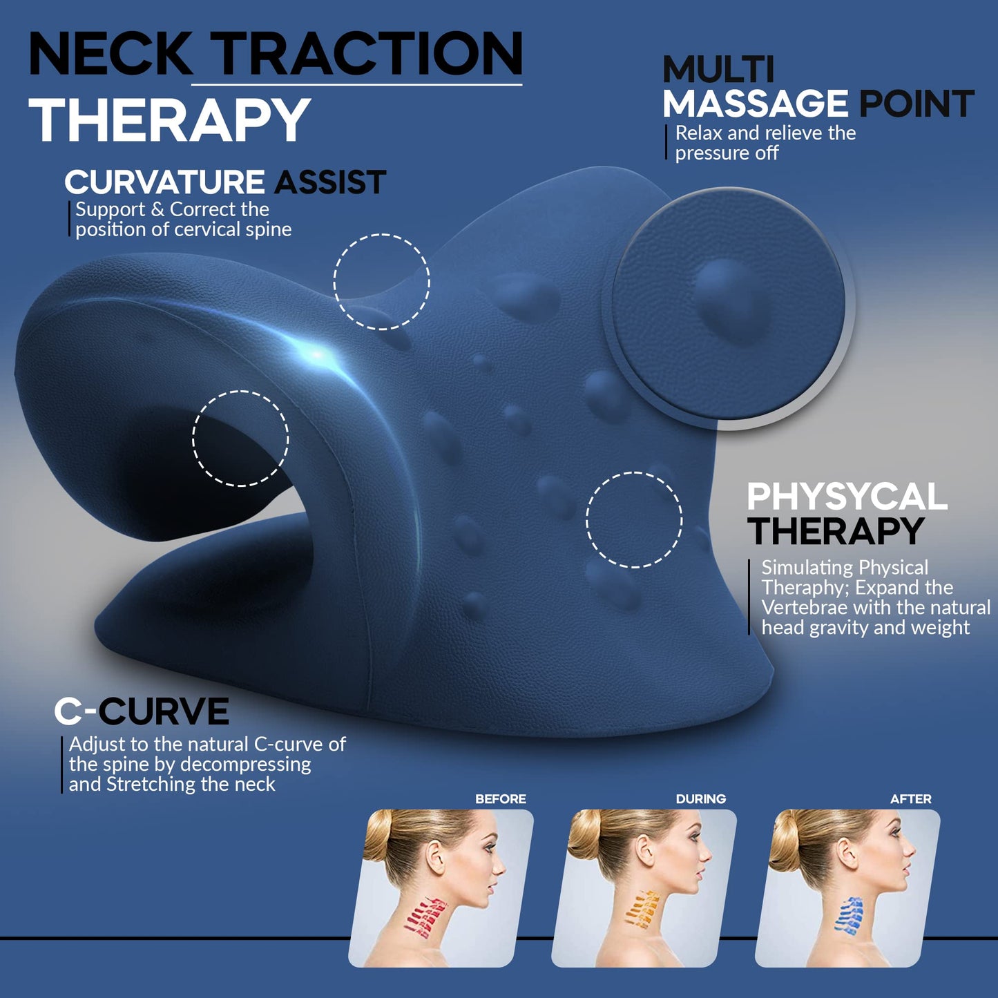Neck Stretcher & Posture Corrector for Women and Men, FSA HSA Eligible, Cervical Traction for Spine Alignment, Adjustable Upper Back Brace & Elastic Support for Shoulder Back Pain Relief (Dark Blue)