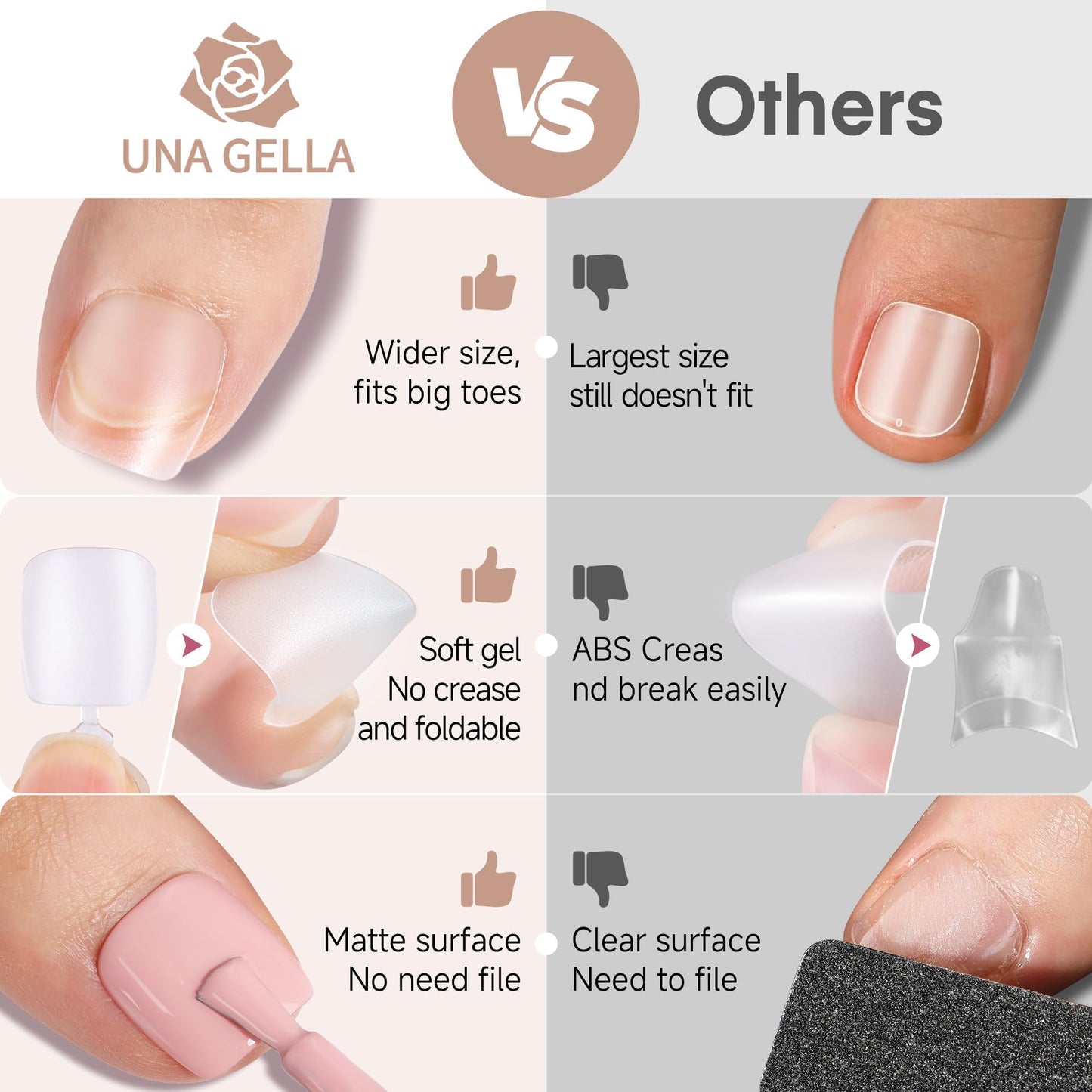 UNA GELLA Toe Nail Tips 504Pcs - Full Cover Matte Squavol Toe Nails Soft Gel Pre-file Gel Toe Nail x Tips For Toe Nail Extensions Home DIY Nail Salon Soak Off 15 Sizes