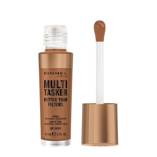 Rimmel Multi-Tasker Better Than Filters, 007 Deep, Face Primer, Glow Booster and Highlighter, Vegan Formula, Anti-Ageing Benefits, Light-Reflecting Pigments, Giant Soft-Touch Wand, 1oz