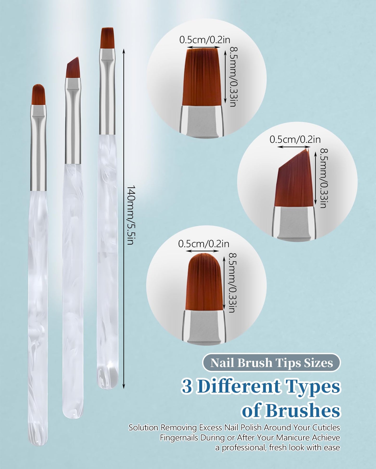 3PCS Nail Polish Clean Up Brush, Round&Falt&Angled Acetone Resistant Nail Brush for OPI Nail Polish Remover, Fingernail Cleaning Brushes at Home Nail Art and Designs(Calligraphy White)