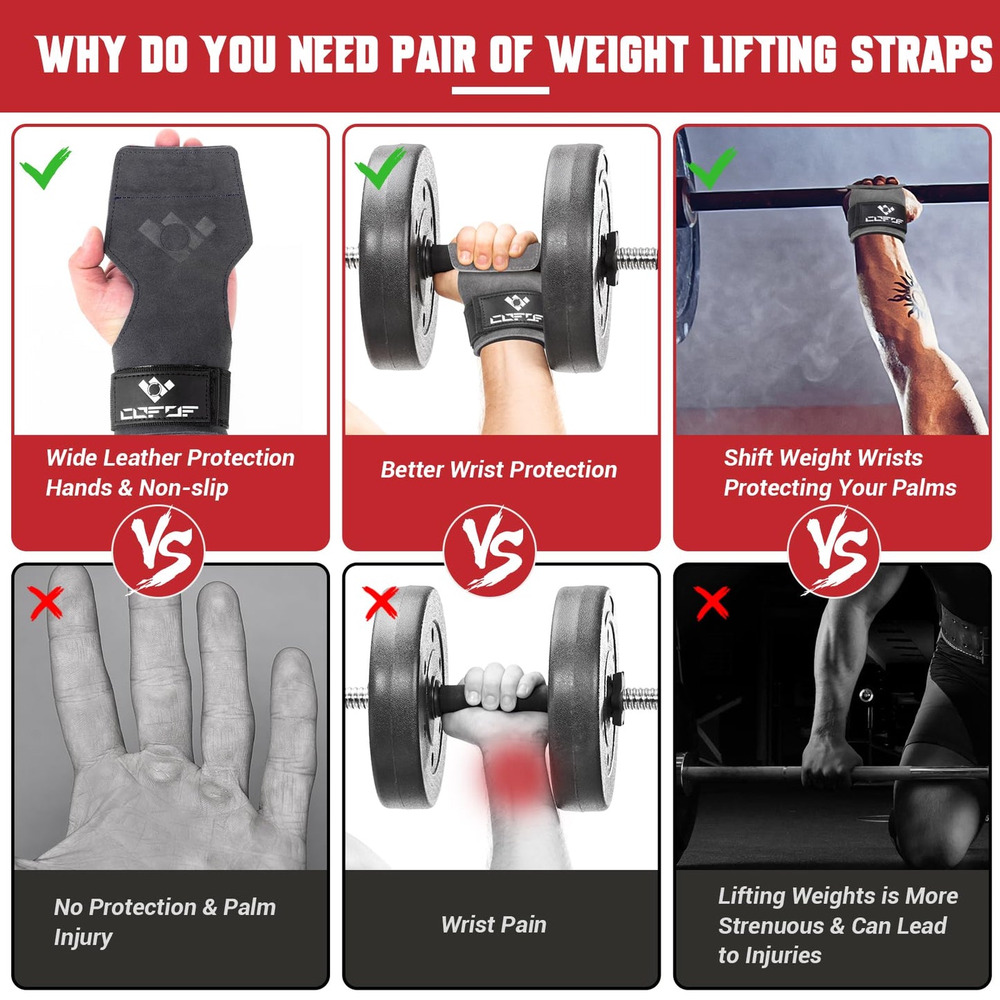 COFOF Weight Lifting Wrist Strap,Double Layer Leather Weightlifting Wrist Strap for Deadlift and Powerlifting, Adjustable Neoprene Padded Gym Workout Lifting Wrist Hooks for Men/Women(Pair)