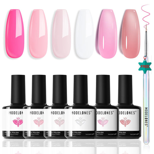 modelones Gel Nail Polish Set, 6 Colors Light/Hot/Nude Pink Jelly Gel Nail Polish White Summer Bright Nail Polish Kit with Nail Art Liner Brush Soak Off French Manicure DIY Salon Gifts