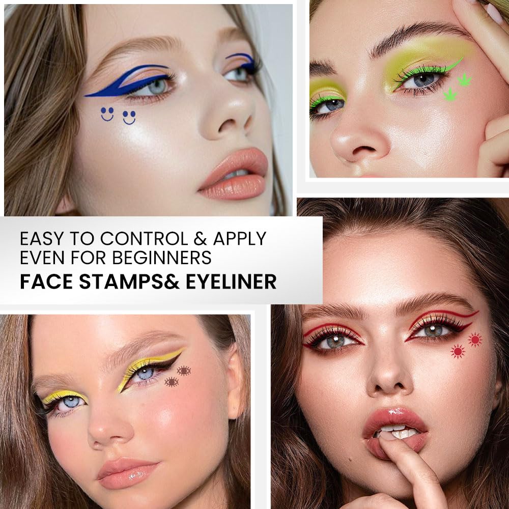 evpct 7Pcs Colored Eye Liners Face Stamp Cosplay Gothic Makeup Set Kit Accessories, Black Brown Purple Blue Red Pink Green Stamps Eyeliner, Star Flowers Heart Moon Triangle Lightning Butterfly Stamp
