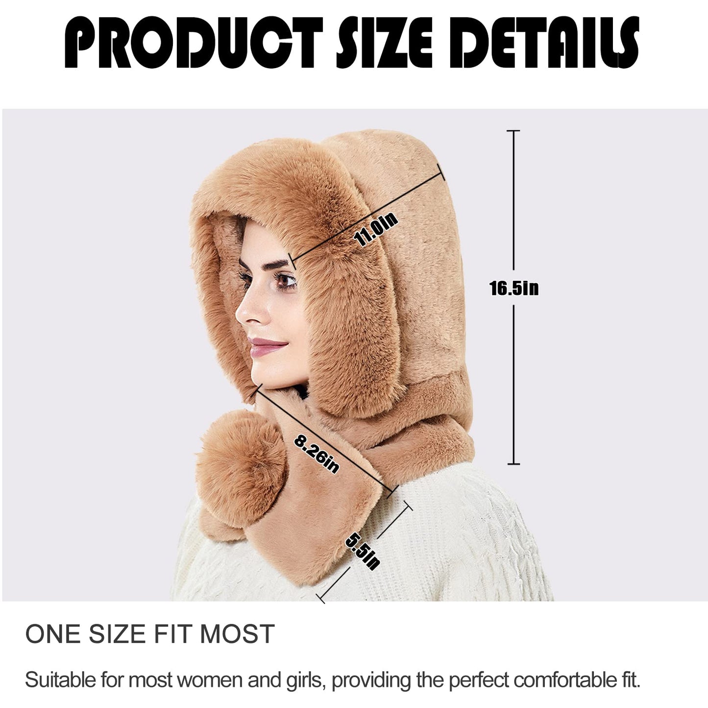 Women's Winter One-Piece Hat Scarf Warm Beanie Faux Fur Hooded Scarf Hat Skull Cap with Pompom