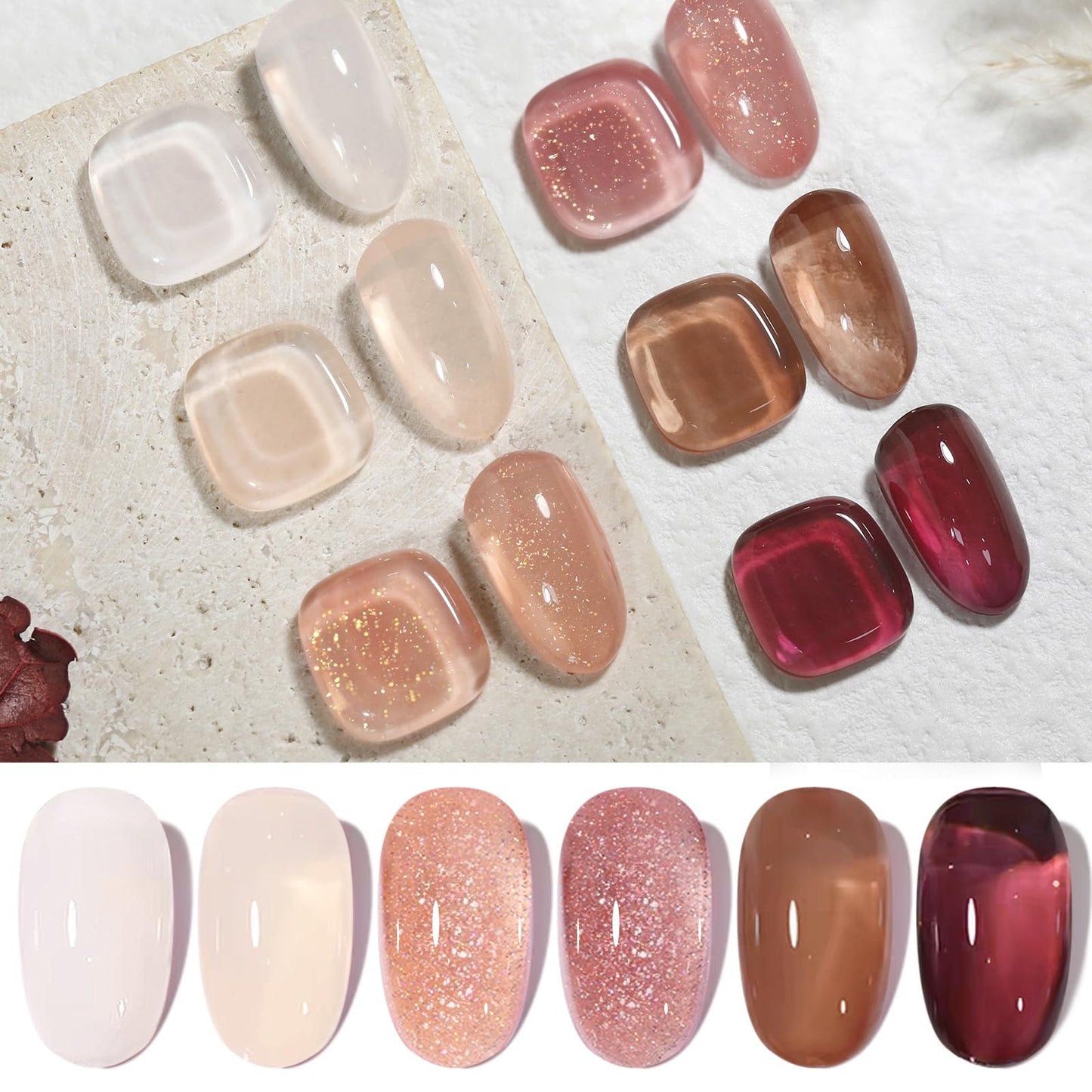 Born Pretty Jelly Gel Nail Polish, Autumn Winter Sheer Gel Nail Polish, Milky Brown Nude Crystal Transparent Gel Polish Gel Manicure DIY Salon Nail Art Gifts Women Girls 7ML 6PCS