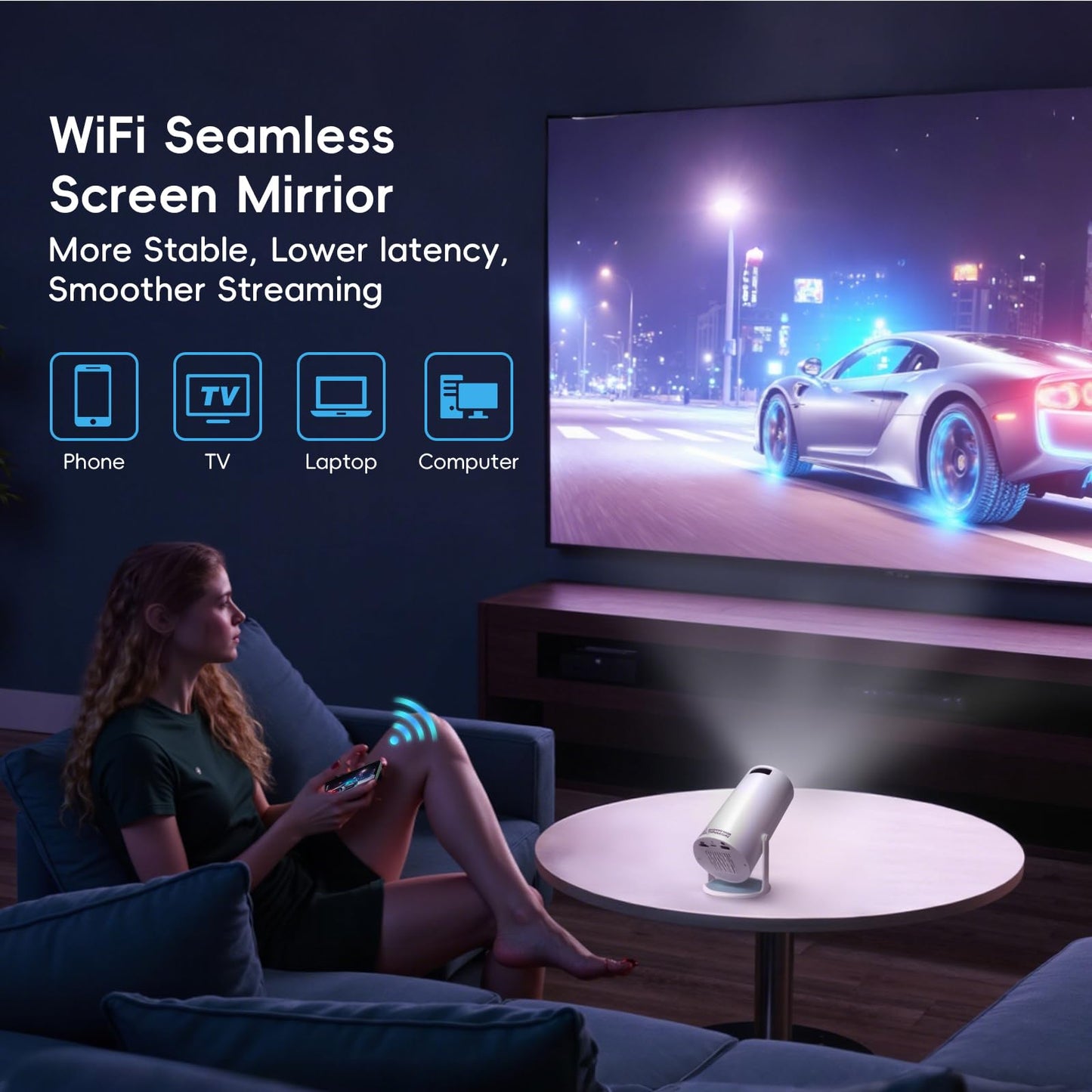 HY300 Portable Mini Projector with WiFi & Bluetooth, 4K Compatible, Native 480P, 100 ANSI Lumens,180° Rotation, HDMI, USB, Remote, Home Video Projector for Phone/TV Stick/PC/PS5