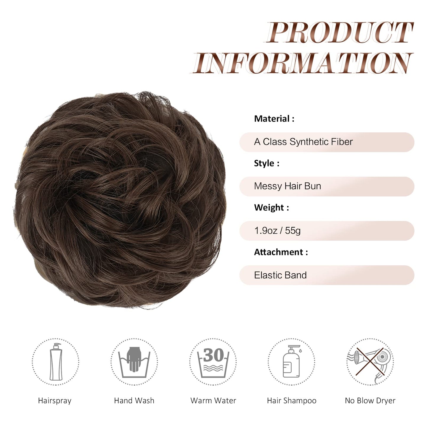 FESHFEN Messy Bun Hair Piece - Large Wavy Curly Elastic Hair Bun Scrunchies Ponytail Extensions Synthetic Chignon Hairpieces for Women, Medium Chestnut Brown 1.94oz